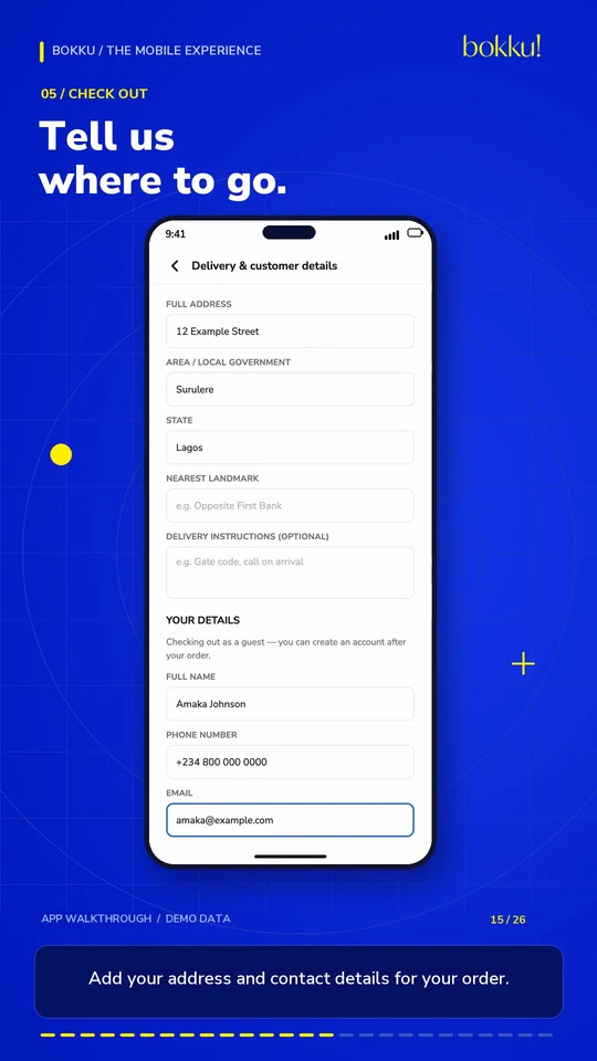 Bokku checkout with a delivery address and order summary