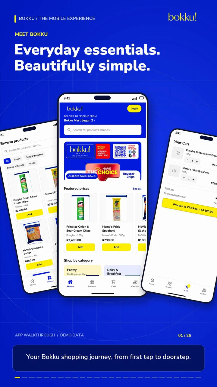 Bokku mobile app preview with store discovery, product browsing and order screens