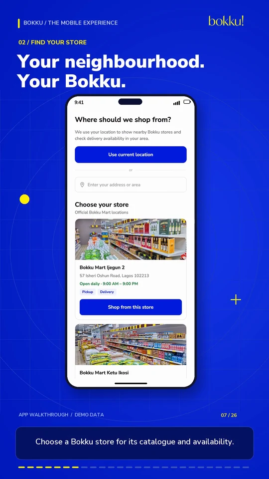 Bokku store selection with nearby store cards
